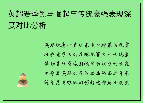 英超赛季黑马崛起与传统豪强表现深度对比分析