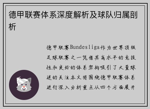 德甲联赛体系深度解析及球队归属剖析