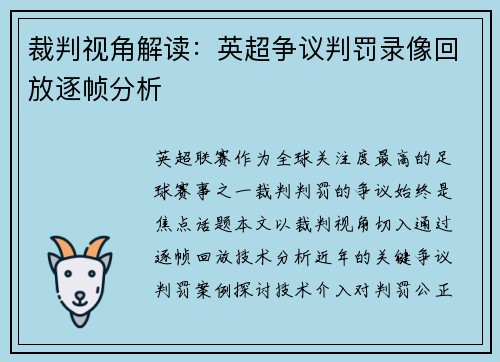 裁判视角解读：英超争议判罚录像回放逐帧分析