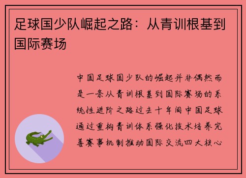 足球国少队崛起之路：从青训根基到国际赛场