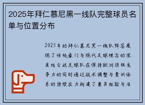 2025年拜仁慕尼黑一线队完整球员名单与位置分布