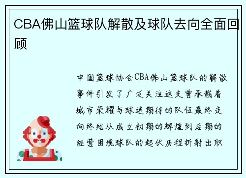 CBA佛山篮球队解散及球队去向全面回顾
